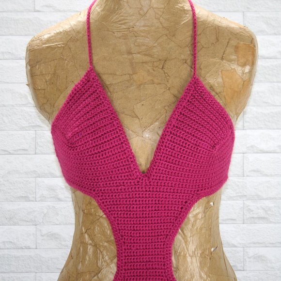 HAND CRAFTED Swimsuit Crochet Monokini Low Cut Boho Magenta Hot Pink Medium - Picture 2 of 13